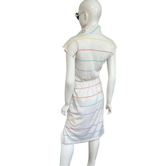 Vintage 1970s Handmade One of a Kind Rainbow Stripe Cinch Waist Polo Midi Dress - Picture 4 of 15